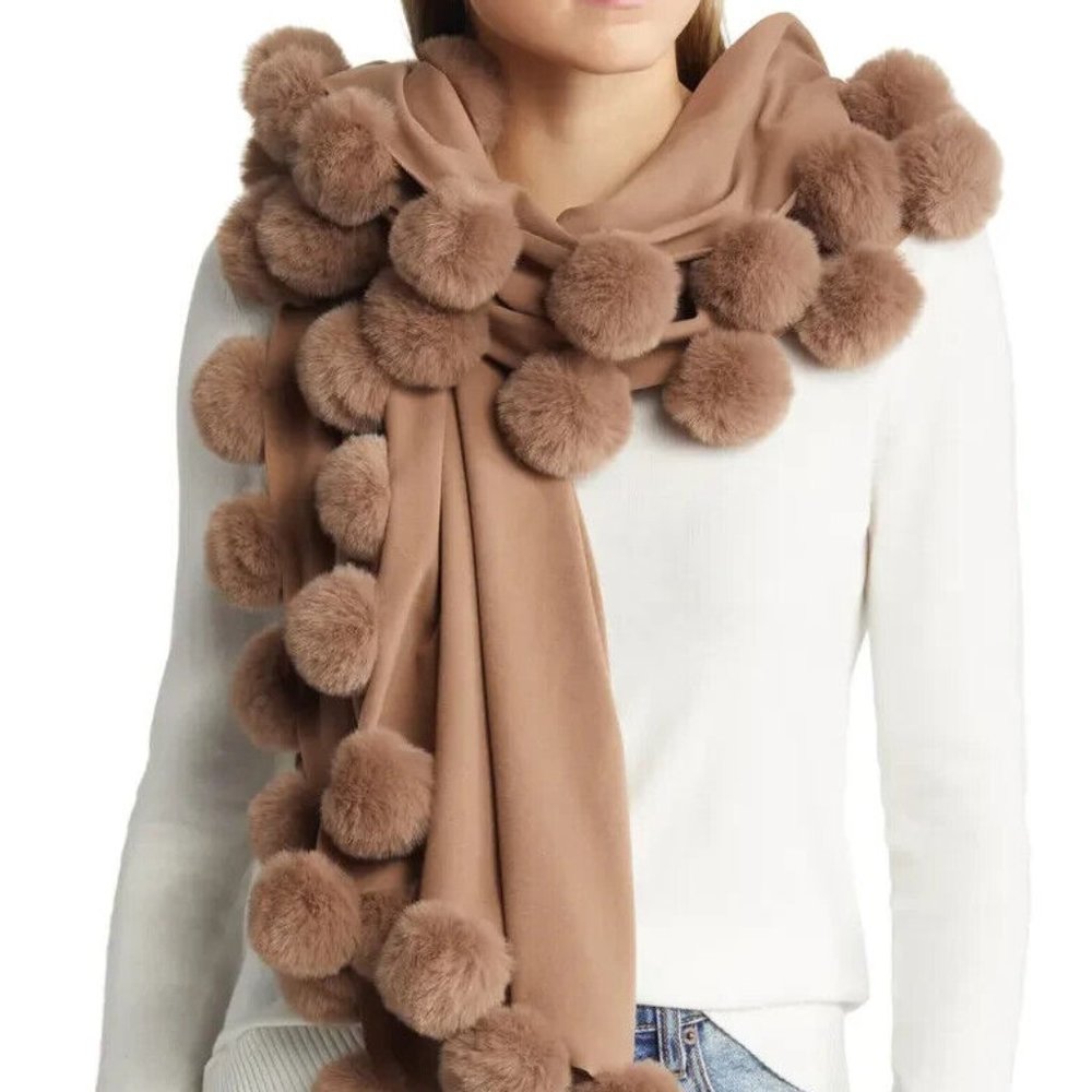 NWT Faux Fur Poms Trim Wrap LA FIORENTINA black or oatmeal